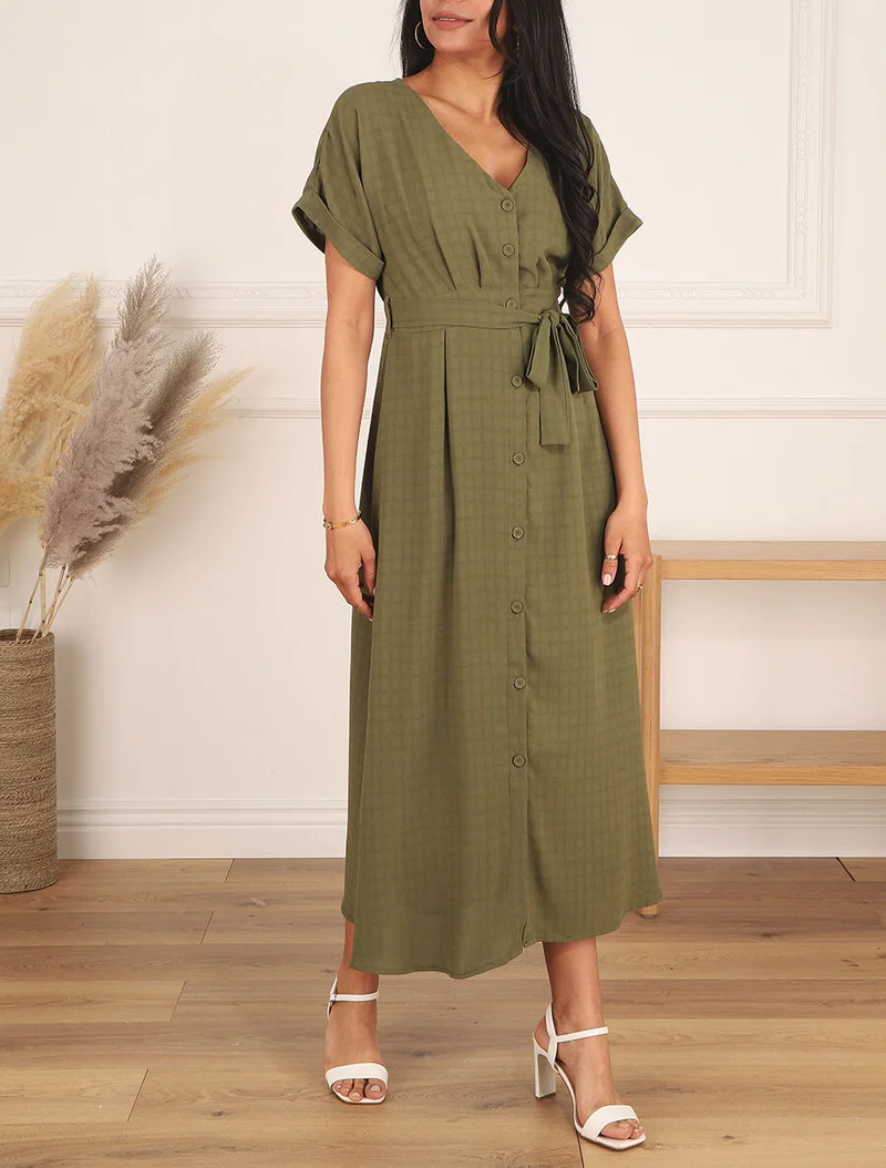 Robe longue unie ceinturée - Kaki