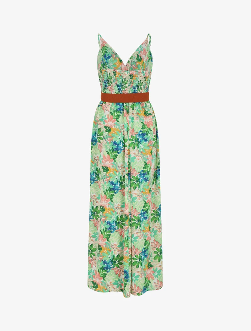 Robe longue imprimé feuilles sauvages à bretelles - Vert