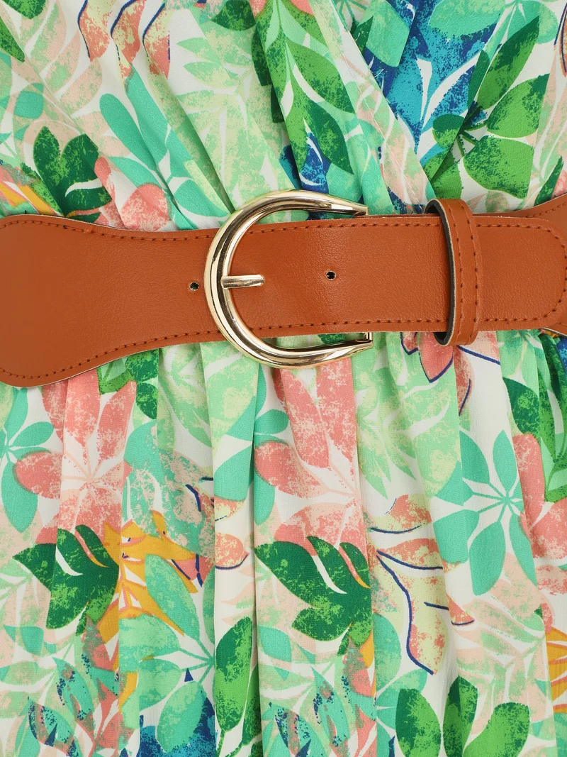 Robe longue imprimé feuilles sauvages à bretelles - Vert