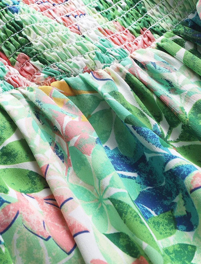 Robe longue imprimé feuilles sauvages à bretelles - Vert