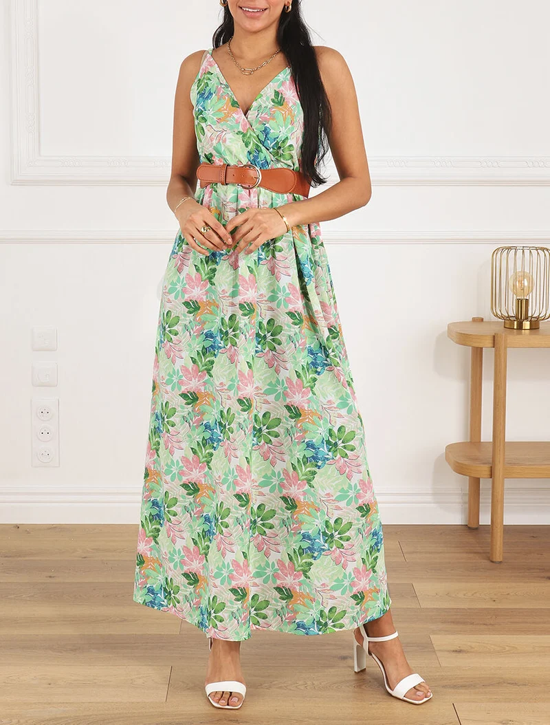 Robe longue imprimé feuilles sauvages à bretelles - Vert