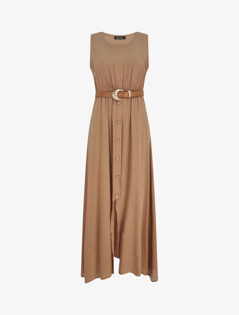 Robe longue unie boutonnée sans manches - Beige