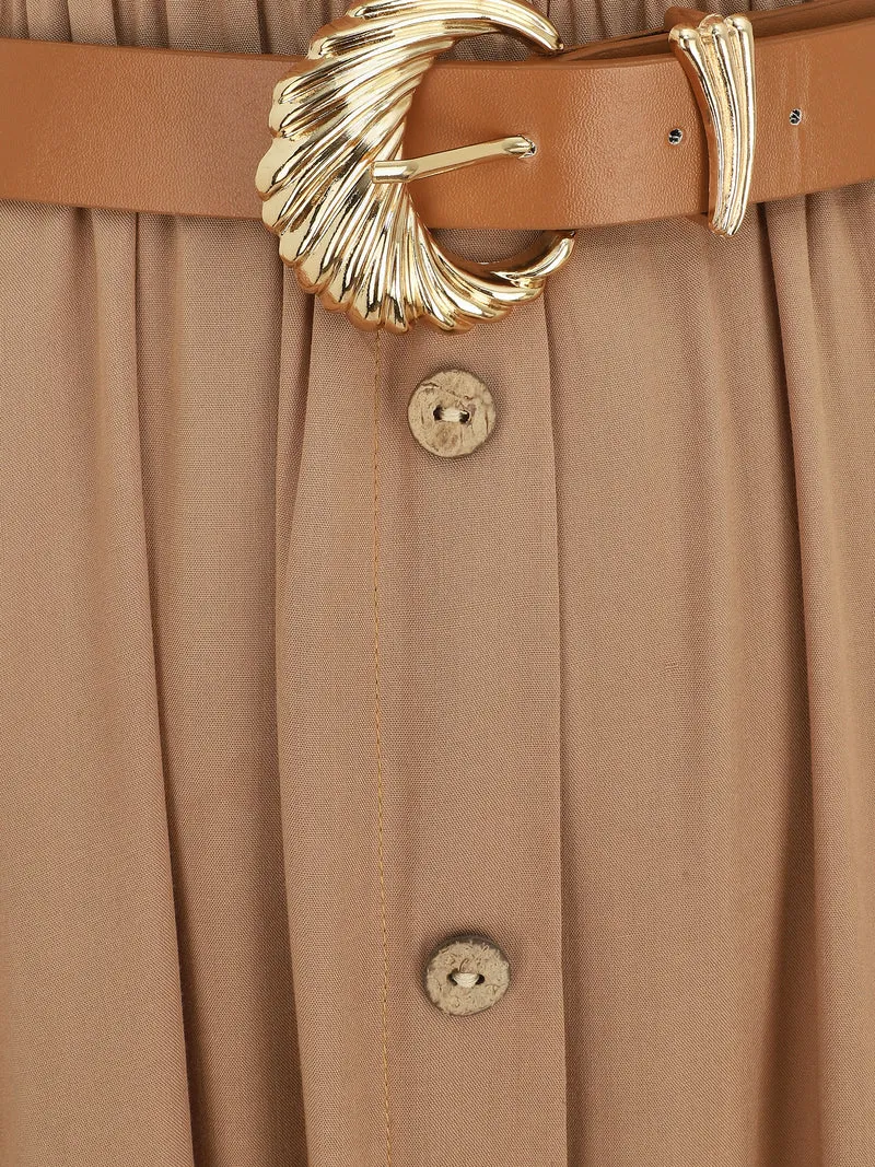 Robe longue unie boutonnée sans manches - Beige