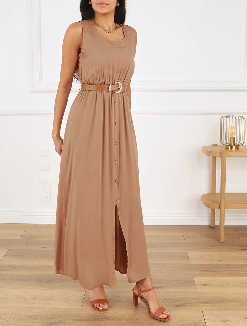 Robe longue unie boutonnée sans manches - Beige
