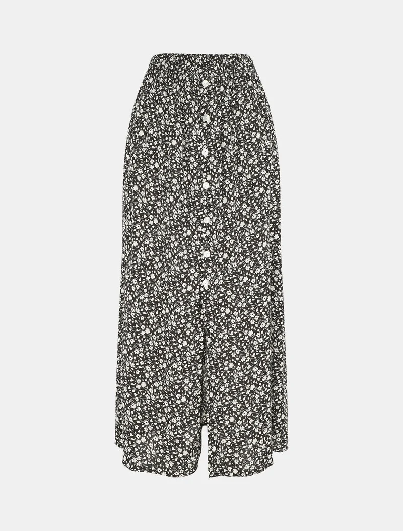 Jupe midi fleurie évasée à boutons - Noir