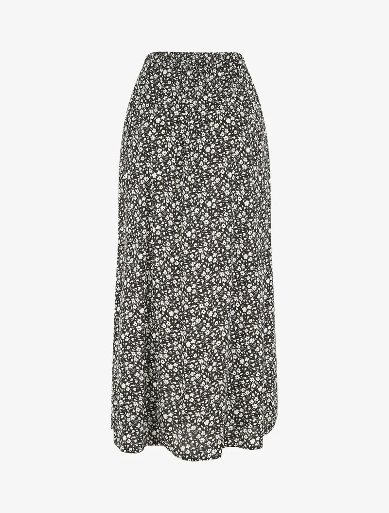 Jupe midi fleurie évasée à boutons - Noir