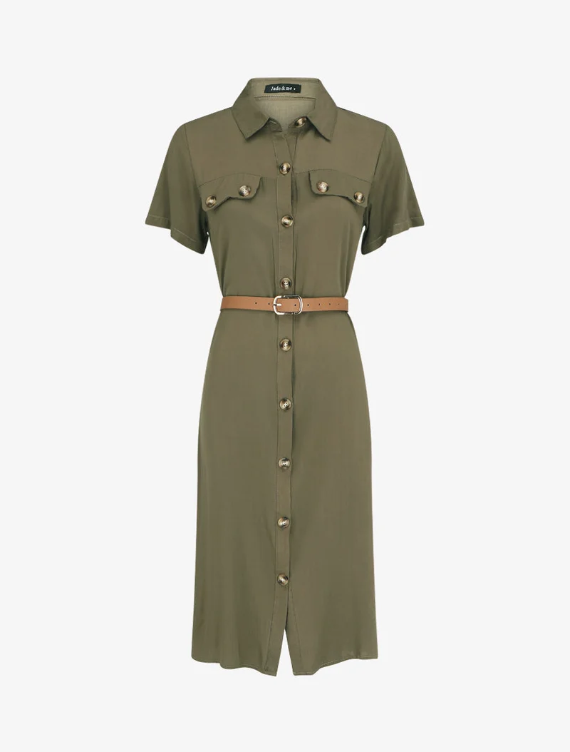 Robe chemise droite mi-longue manches courtes - Kaki