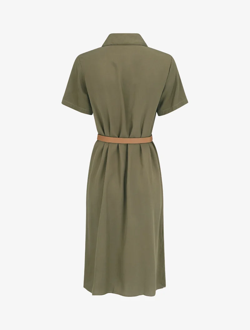 Robe chemise droite mi-longue manches courtes - Kaki