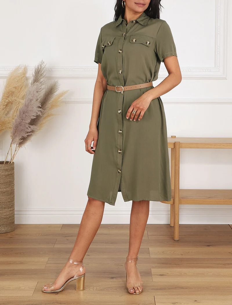 Robe chemise droite mi-longue manches courtes - Kaki
