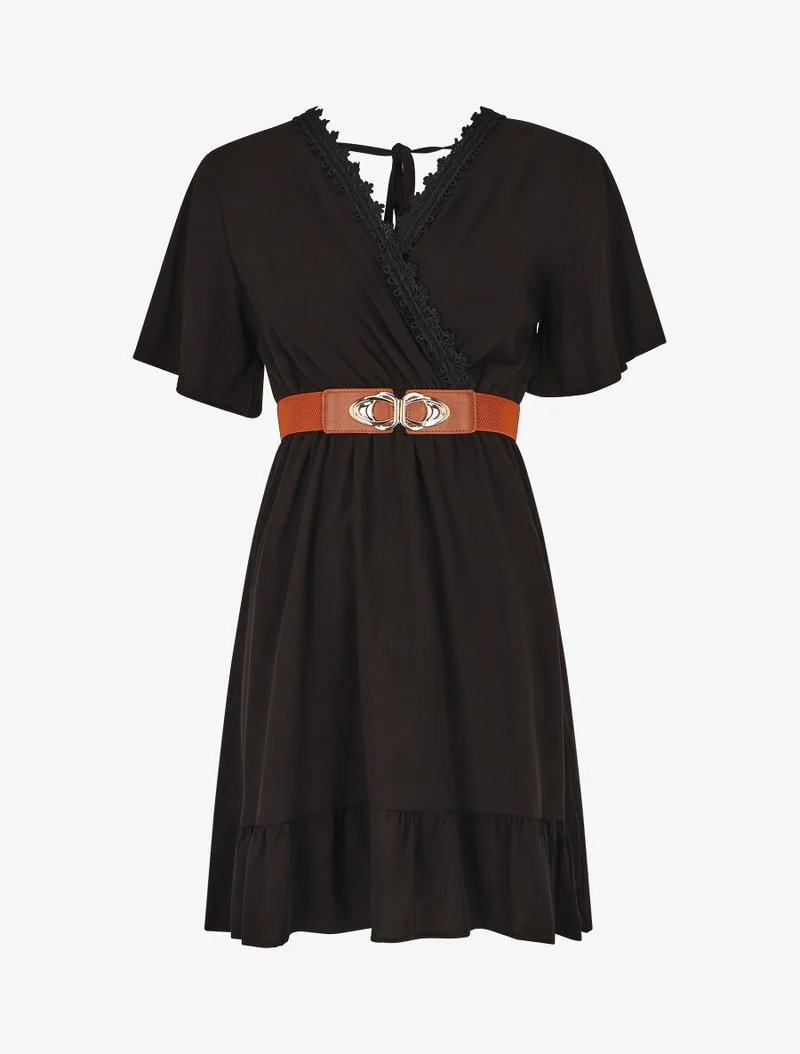 Robe courte unie col dentelle et bords volantés - Noir