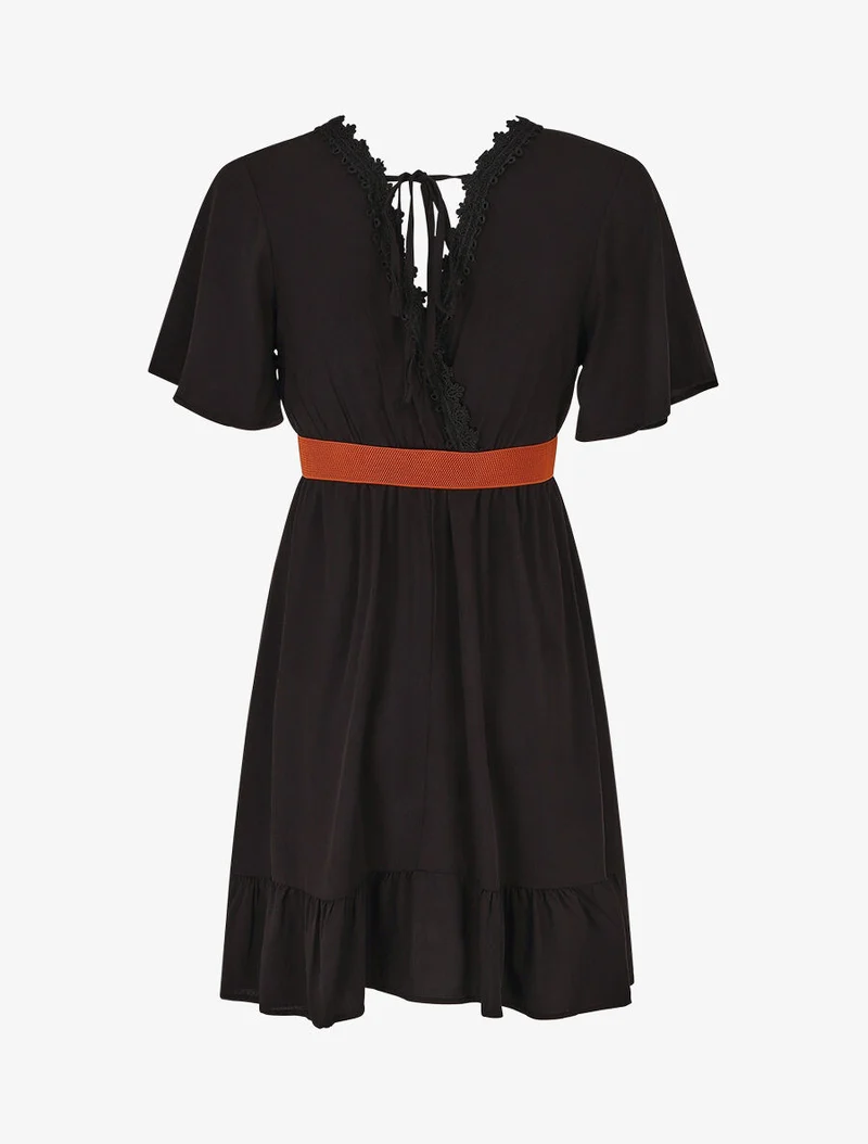 Robe courte unie col dentelle et bords volantés - Noir