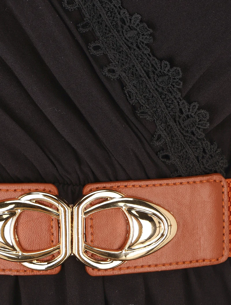 Robe courte unie col dentelle et bords volantés - Noir