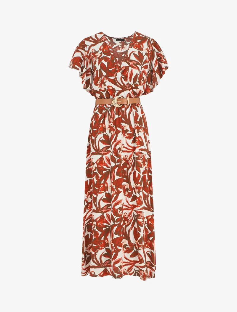 Robe longue manches courtes imprimé floral - Marron