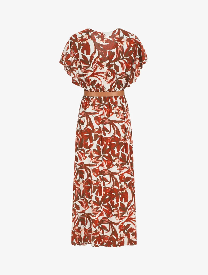 Robe longue manches courtes imprimé floral - Marron