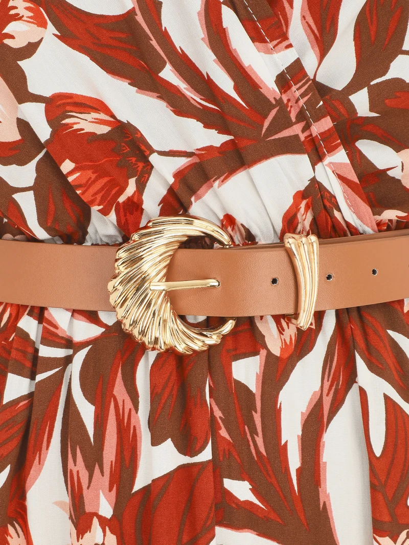 Robe longue manches courtes imprimé floral - Marron