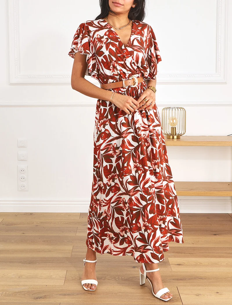 Robe longue manches courtes imprimé floral - Marron