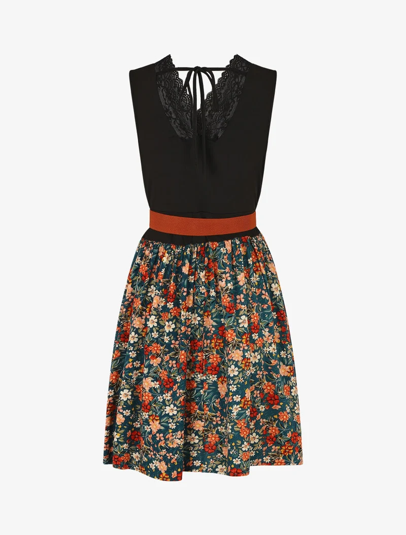 Robe mi-longue fleurie sans manches col dentelle - Bleu canard