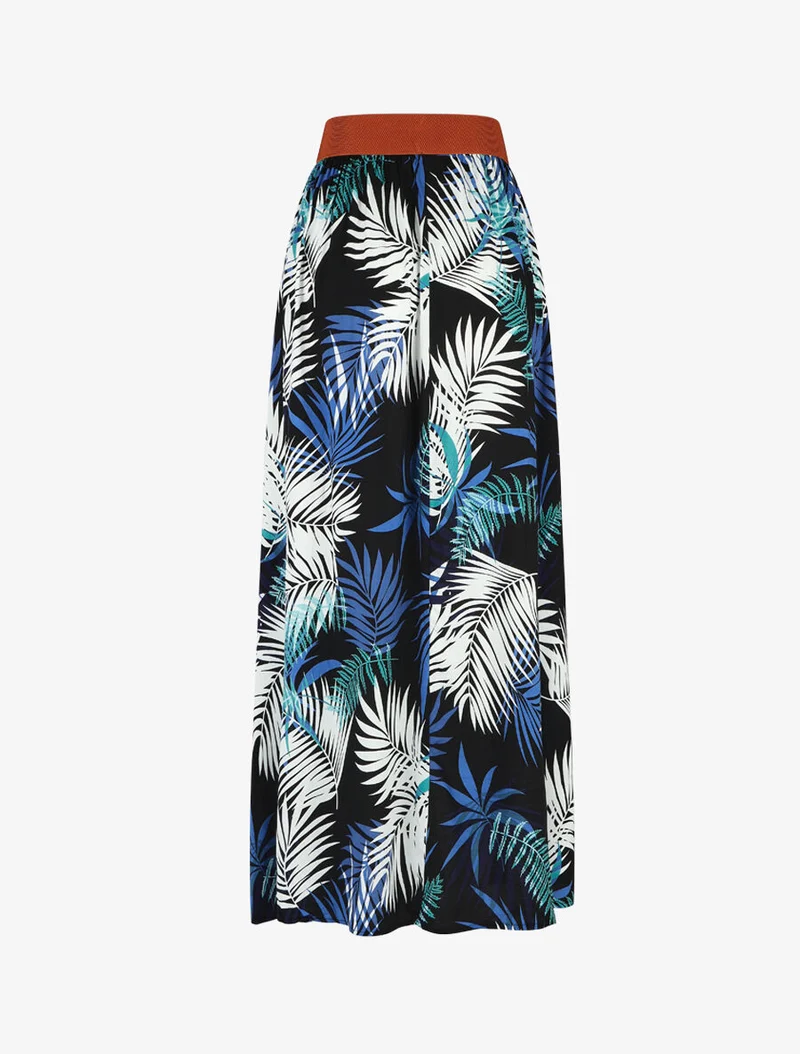 Jupe longue évasée imprimé tropical - Noir