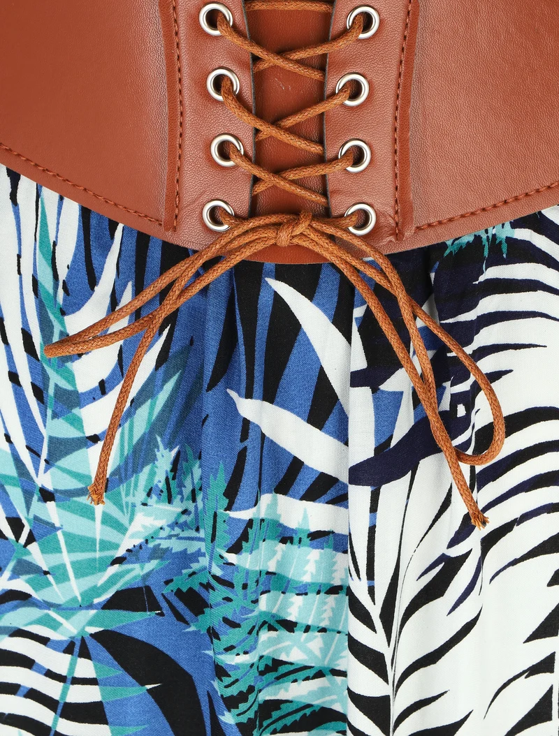 Jupe longue évasée imprimé tropical - Noir