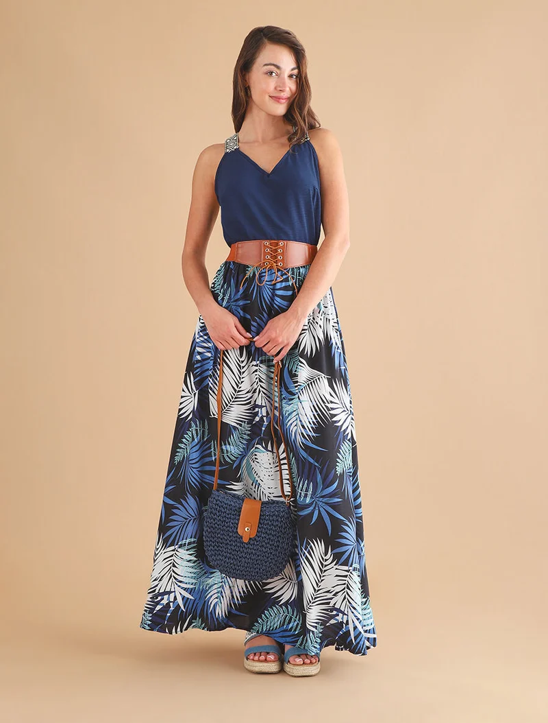 Jupe longue évasée imprimé tropical - Noir