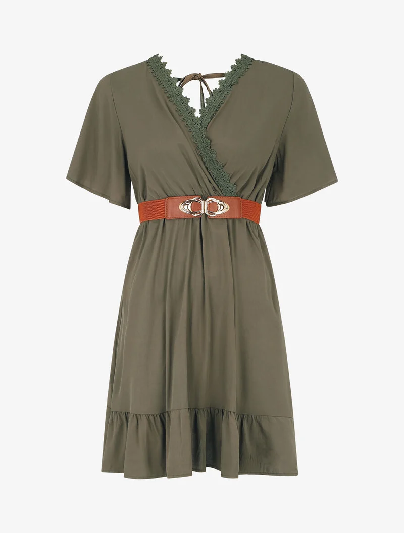 Robe courte unie col dentelle et bords volantés - Kaki