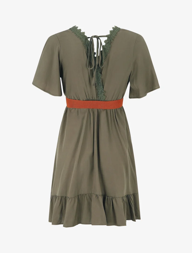 Robe courte unie col dentelle et bords volantés - Kaki