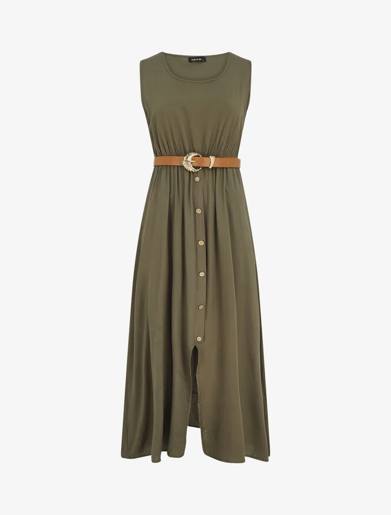 Robe longue unie boutonnée sans manches - Kaki