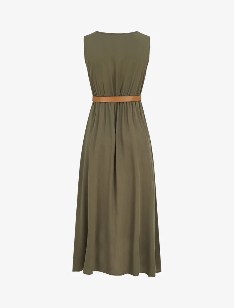 Robe longue unie boutonnée sans manches - Kaki