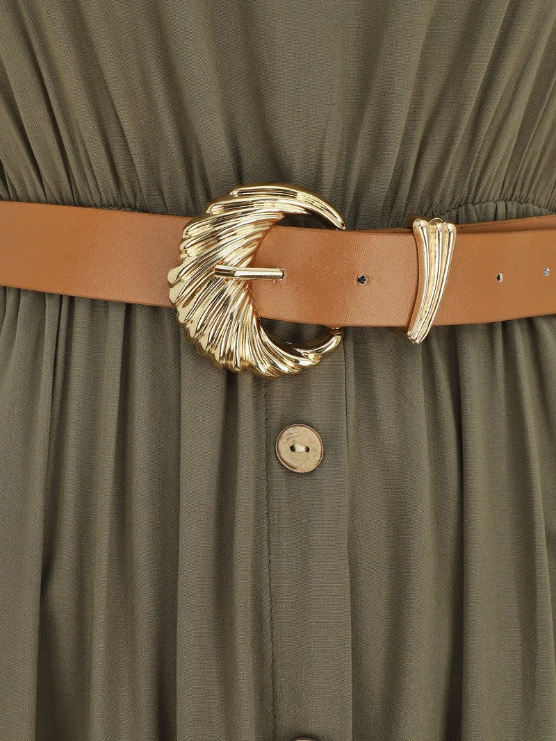 Robe longue unie boutonnée sans manches - Kaki