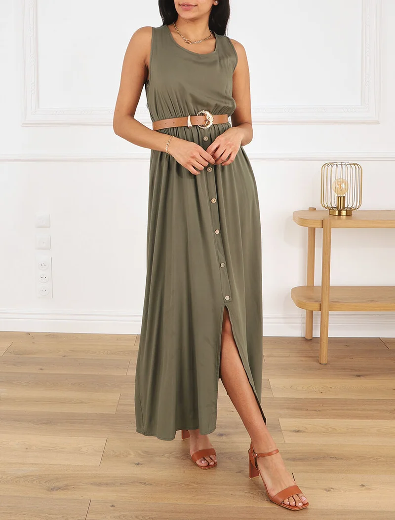 Robe longue unie boutonnée sans manches - Kaki
