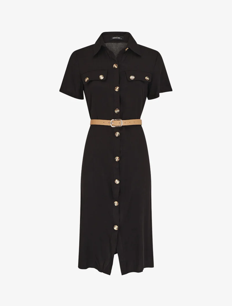 Robe chemise droite mi-longue manches courtes - Noir