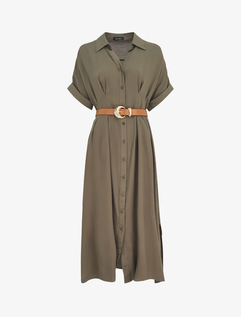 Robe chemise longue ceinturée - Kaki