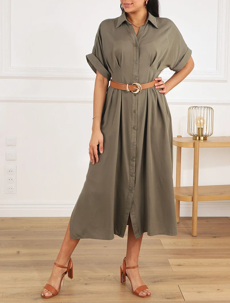 Robe chemise longue ceinturée - Kaki