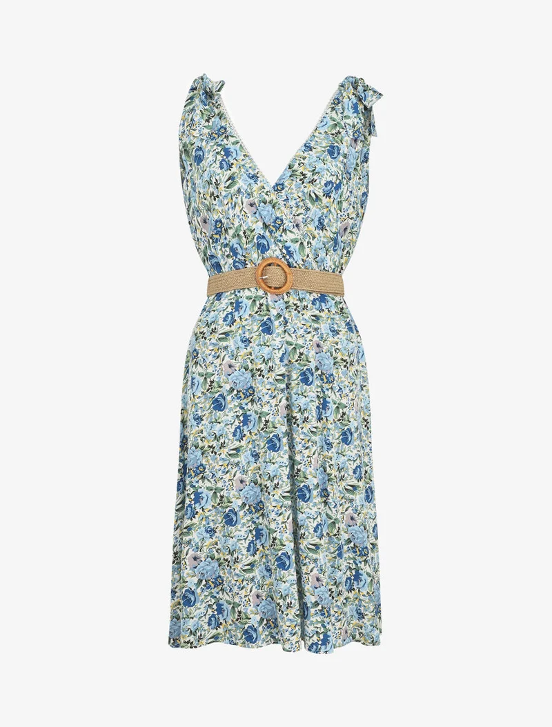 Robe mi-longue sans manches imprimé fleurs sauvages - Bleu