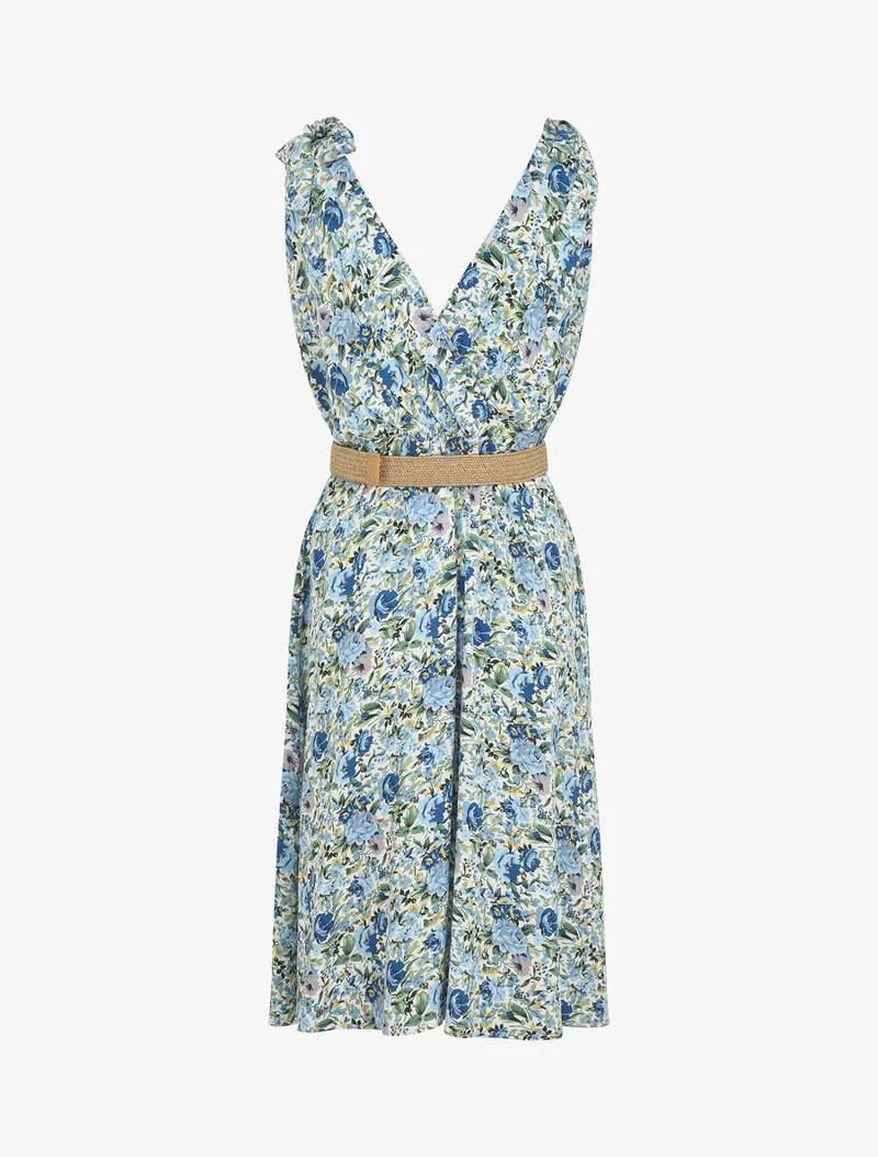 Robe mi-longue sans manches imprimé fleurs sauvages - Bleu