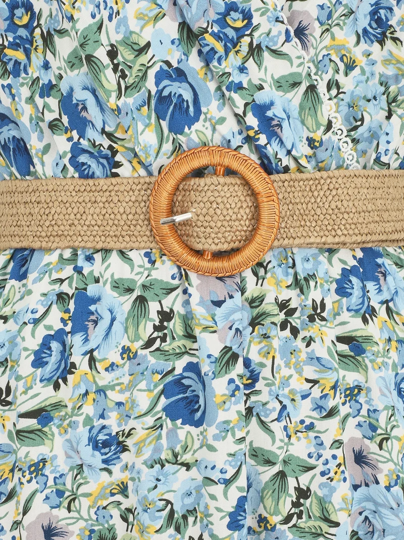 Robe mi-longue sans manches imprimé fleurs sauvages - Bleu
