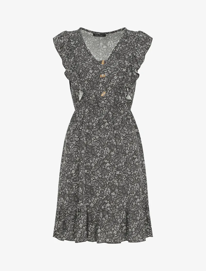 Robe mi-longue volantées imprimé cachemire - Noir