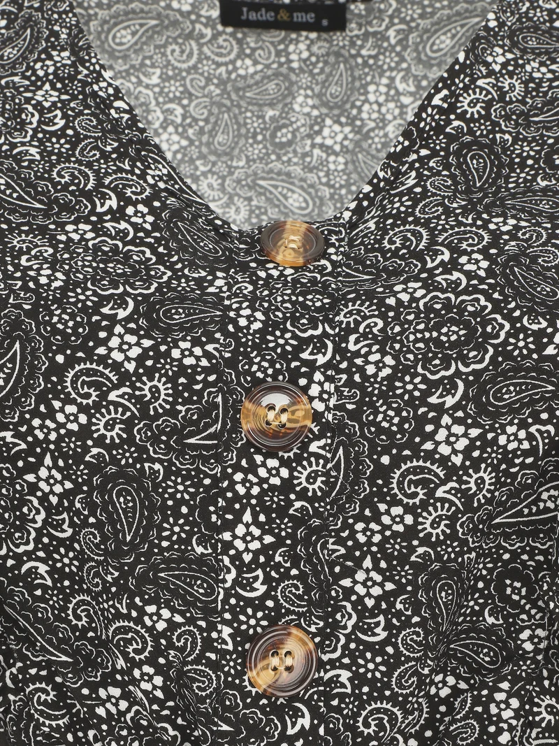 Robe mi-longue volantées imprimé cachemire - Noir