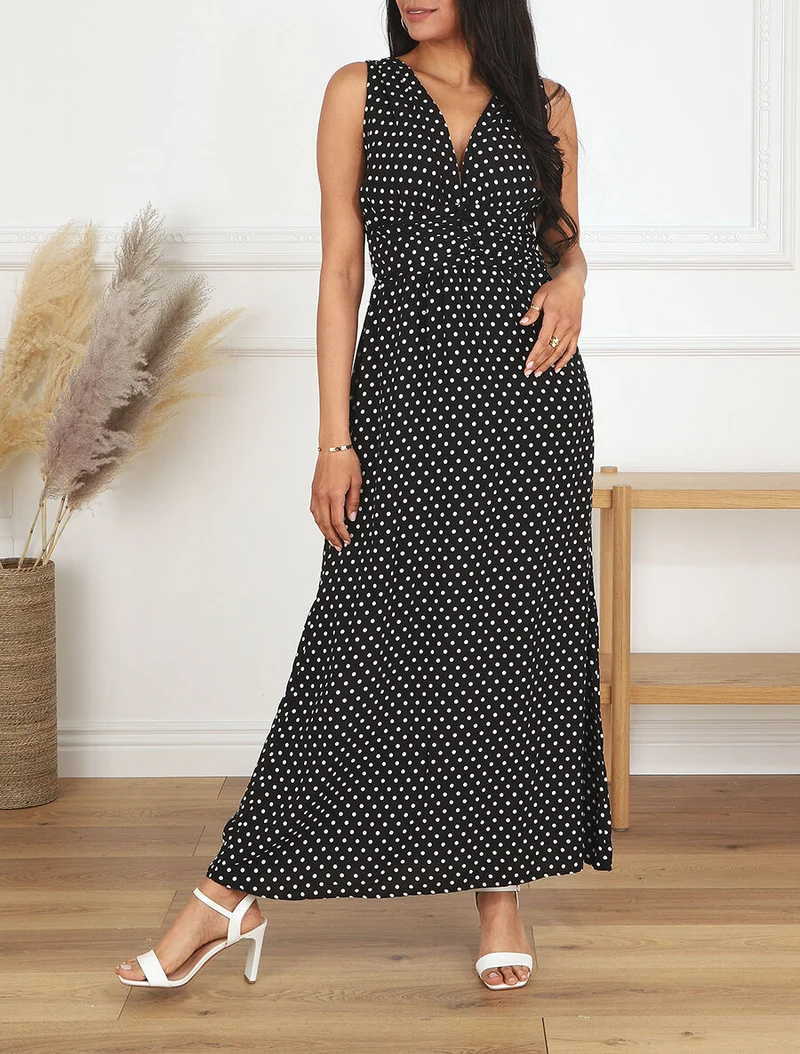 Robe longue à pois sans manches - Noir