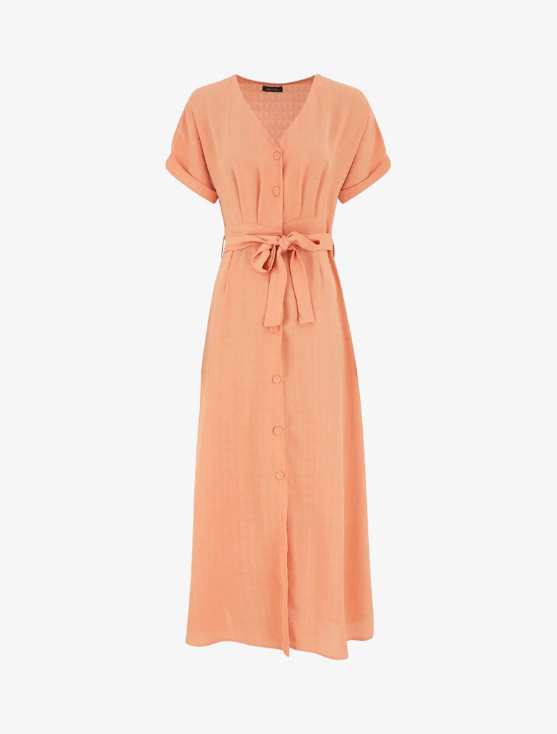 Robe longue unie ceinturée - Orange