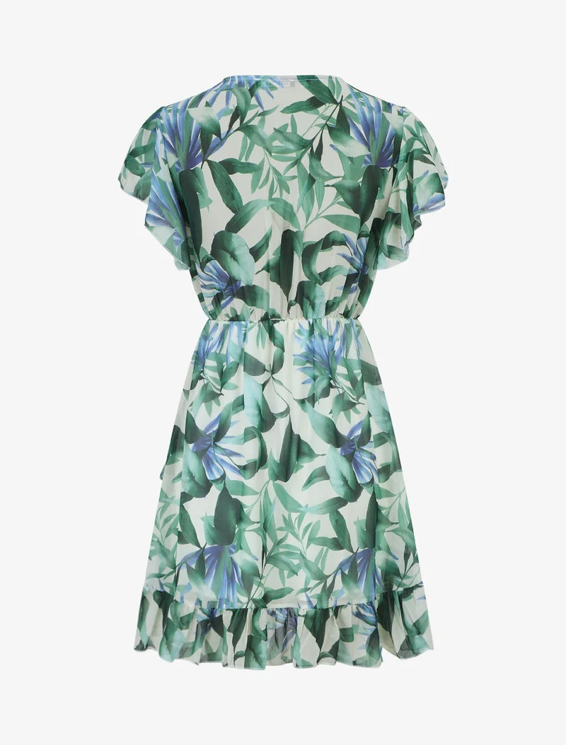 Robe courte volantée imprimé tropical - Vert