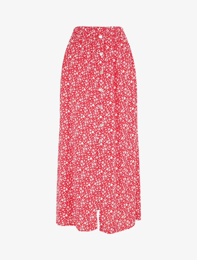 Jupe midi fleurie évasée à boutons - Rouge