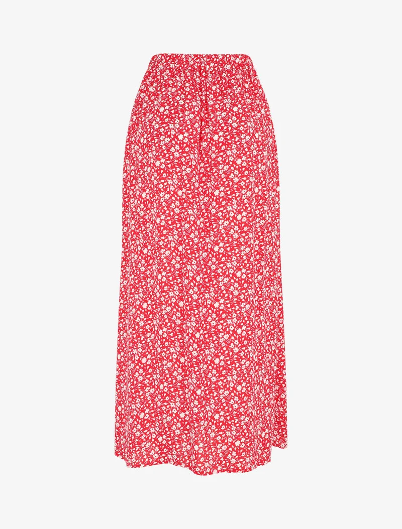 Jupe midi fleurie évasée à boutons - Rouge