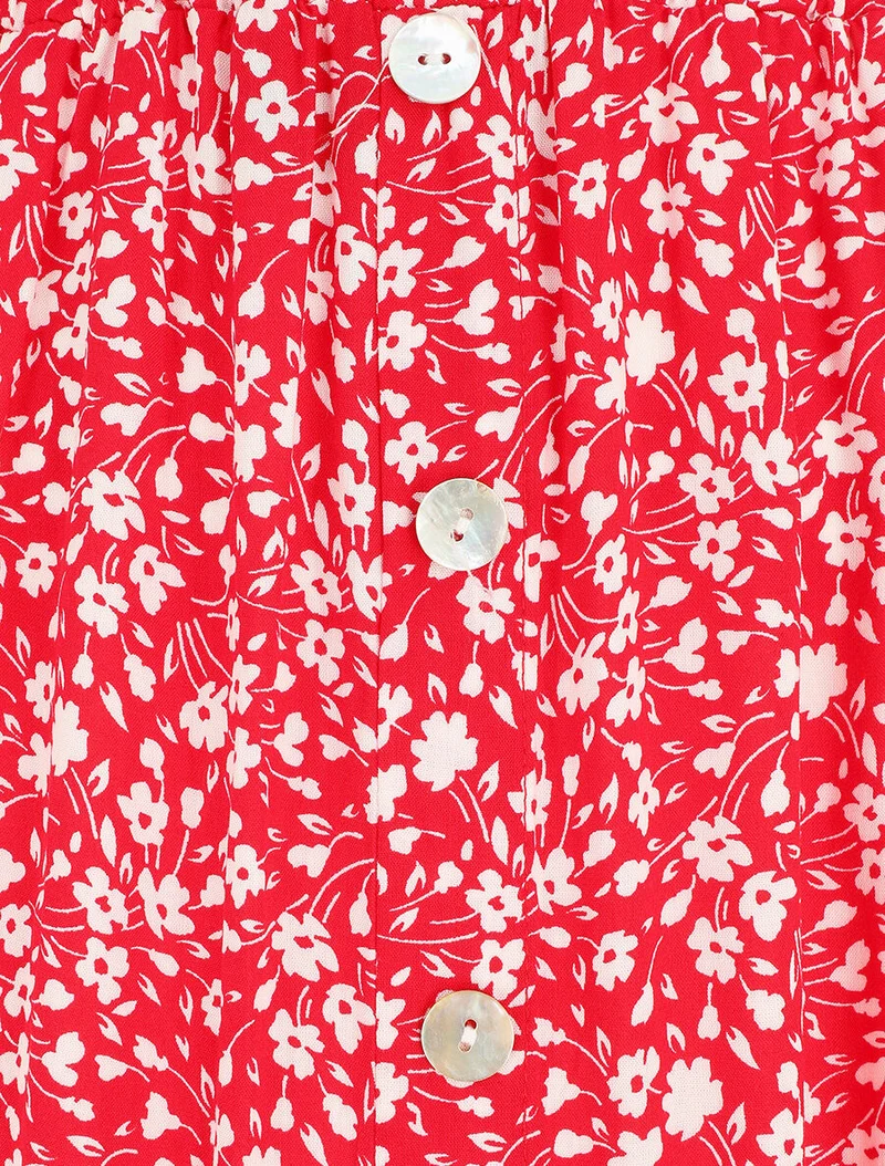Jupe midi fleurie évasée à boutons - Rouge