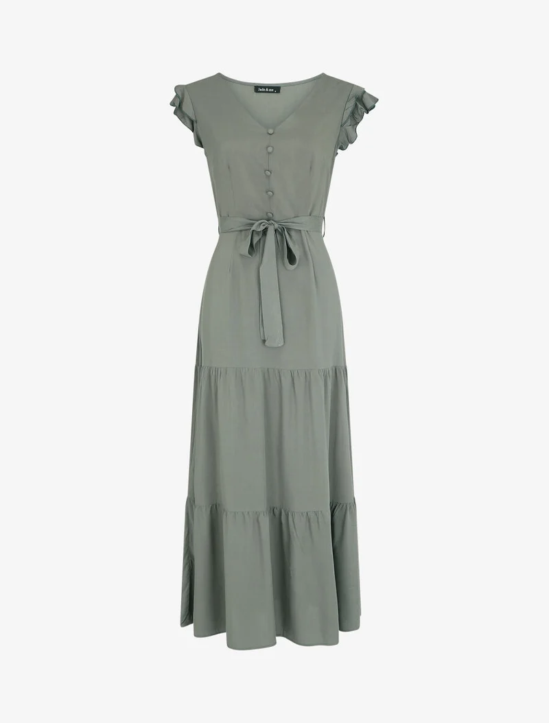 Robe longue unie sans manches à volants - Kaki