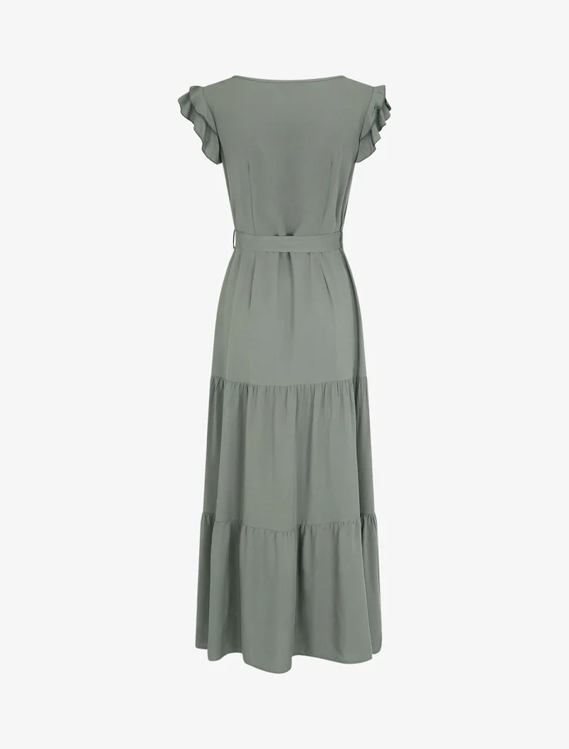 Robe longue unie sans manches à volants - Kaki