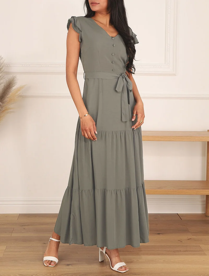 Robe longue unie sans manches à volants - Kaki