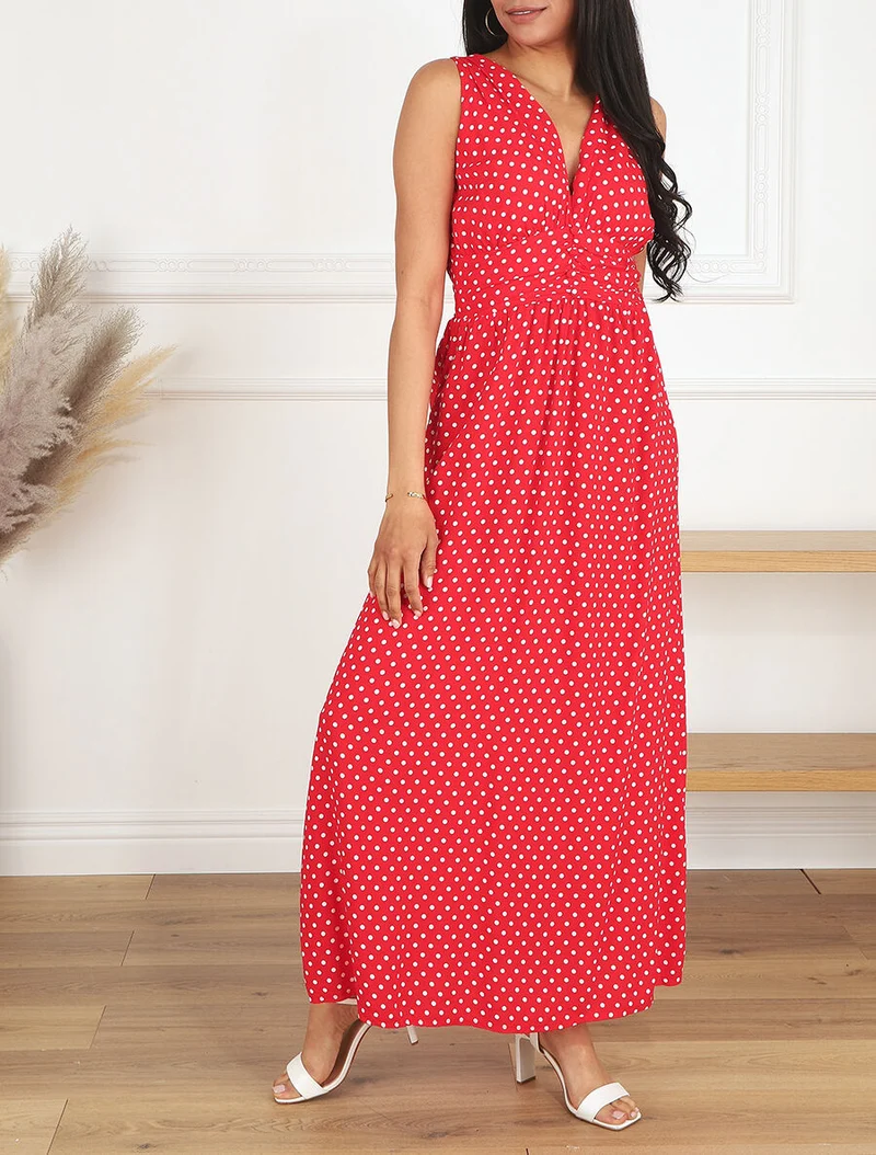 Robe longue à pois sans manches - Rouge