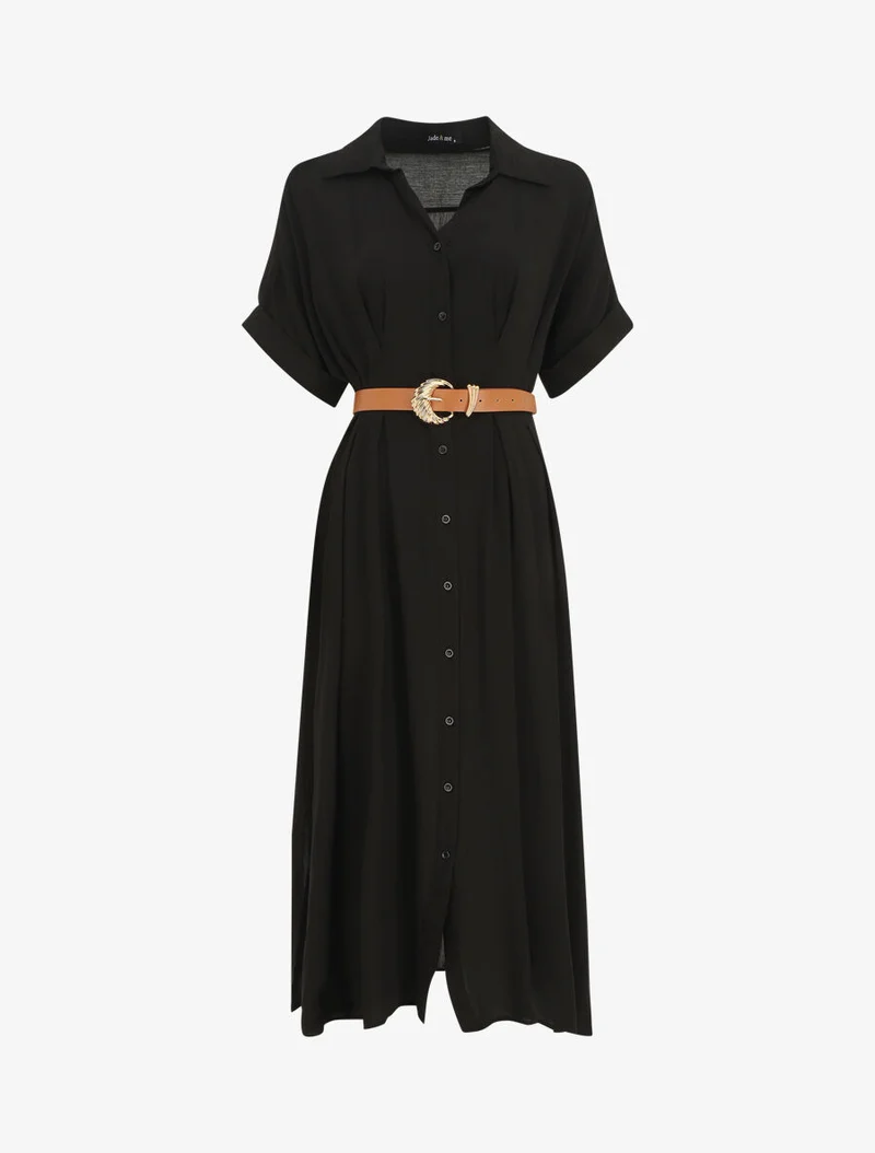 Robe chemise longue ceinturée - Noir