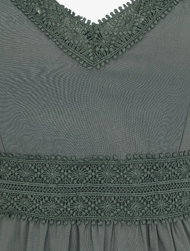 Robe courte unie et broderies - Kaki